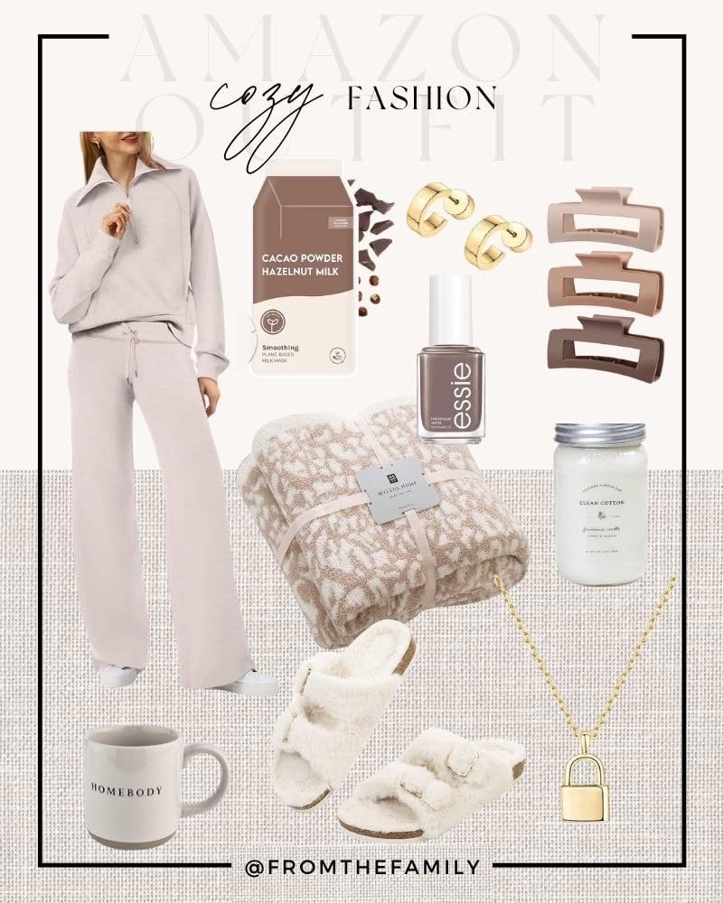 Cozy Amazon outfit finds you’ll wear on repeat 🤎 From soft loungewear sets and fluffy slippers to neutral hair clips, gold jewelry, and the prettiest neutral nail polish — this is fall and winter comfort made chic. I’m loving the “homebody” mug for cozy mornings, a warm blanket for Netflix nights, and clean cotton candles to make the house smell amazing. Don’t forget a nourishing cacao hazelnut drink mix for the perfect at-home café moment. These neutral Amazon fashion and home favorites make the best cozy essentials for staying in style all season!

Amazon outfit, cozy loungewear set, fluffy slippers, neutral fashion finds, fall home essentials, cozy Amazon finds, comfy chic outfit, Amazon fall fashion, neutral home decor, cozy gifts 

Follow my LTK @fromthefamily on the @shop.LTK app to view this post and get my exclusive app-only content!

#liketkit #LTKTravel #LTKOver40 #LTKSeasonal
@shop.ltk
https://liketk.it/5pkbv

#LTKootd #LTKGiftGuide #LTKHoliday