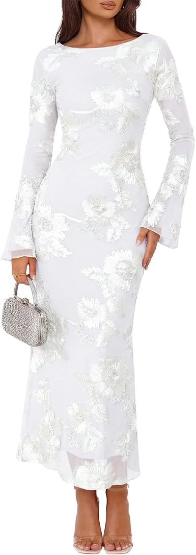 ZESICA Women Fall Long Sleeve Wedding Guest Cocktail Midi Dress | Amazon (US)
