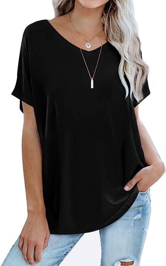 Sousuoty Oversized T Shirts for Women Casual V Neck Short Sleeve Tops Loose | Amazon (US)