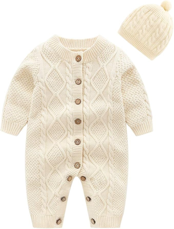 JunNeng Baby Newborn Cotton Knitted Sweater Romper Longsleeve Outfit with Warm Hat Set | Amazon (US)