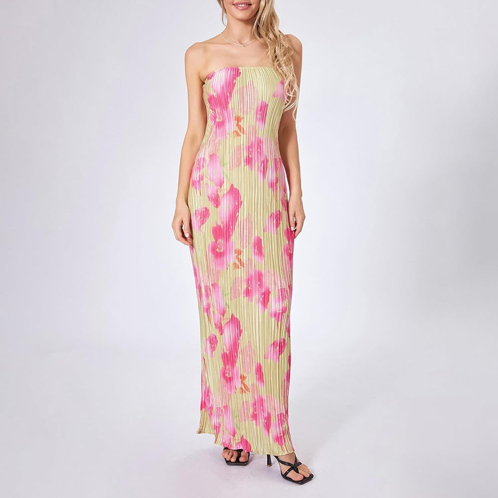 KMBANGI Womens Pink Floral Pleated Tube Maxi Dress Sleeveless Off Shoulder Strapless Backless Par... | Amazon (US)