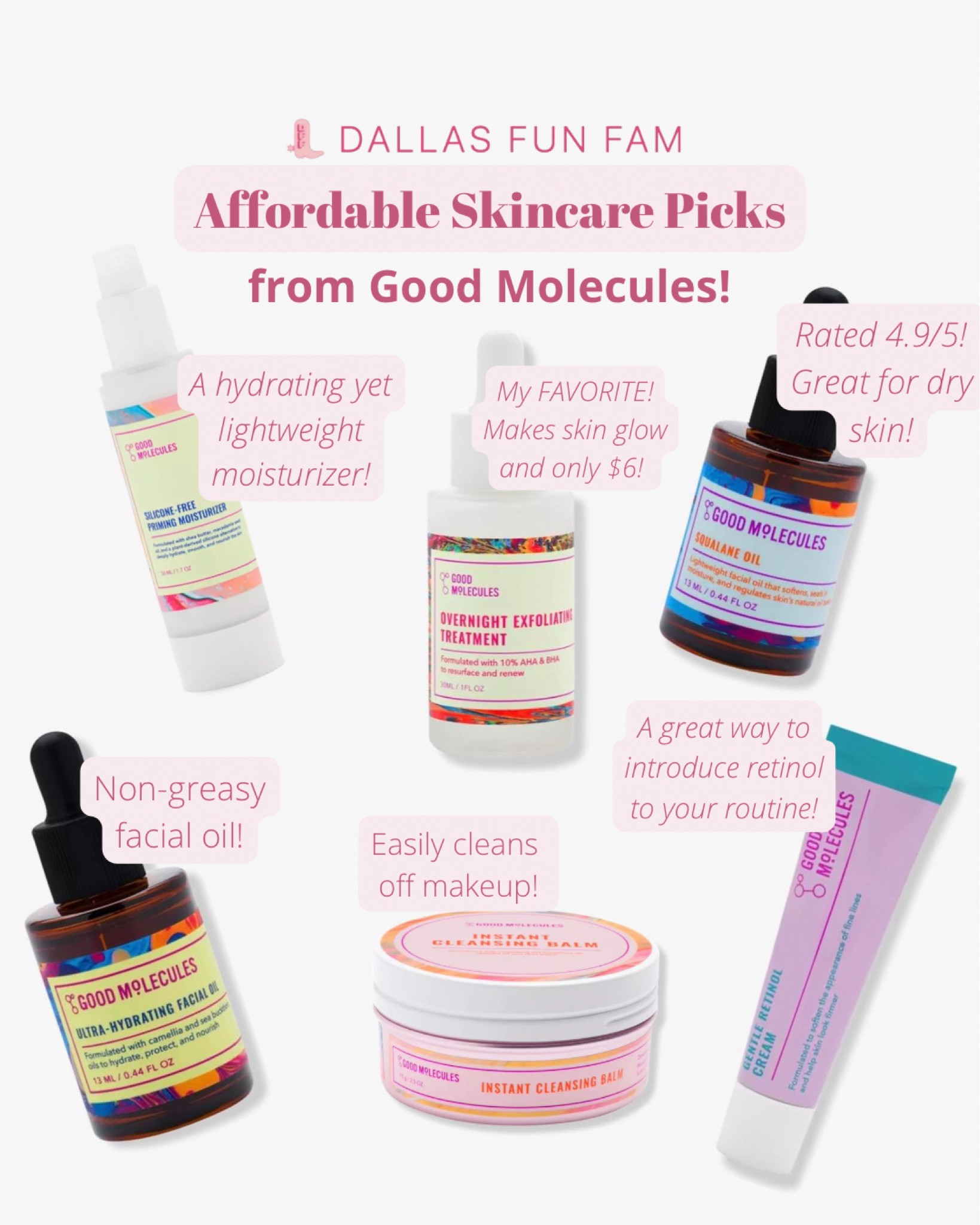 Affordable skincare from Good Molecules available at Ulta! All under $20 and highly rated. My favorite is the Overnight Exfoliating Treatment with AHA and BHA. These are great options for dry skin and women in their 30s! Some are even on sale for 10% off right now when you buy online and pick up in store!
Vegan, cruelty free, clean ingredients, and sustainable packaging. 

Moisturizer, cleansing balm, squalene, facial oil, retinol, dry skin, discoloration, dryness, cleanser, coupon, free shipping over $35

#LTKunder50 #LTKbeauty