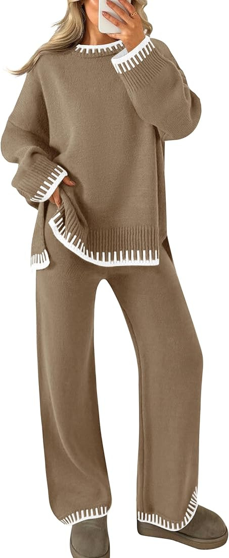 ZESICA Womens Casual 2 Piece Outfits Sweater Sets Long Sleeve Pullover Tops Wide Leg Pants Lounge... | Amazon (US)