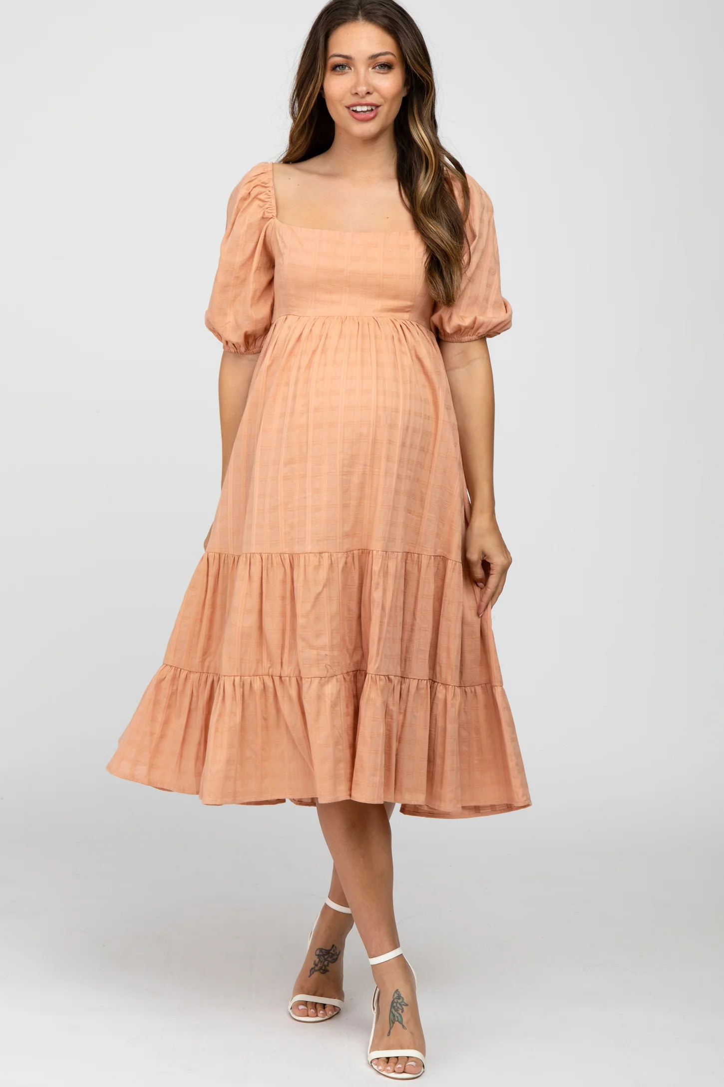 Peach Plaid Square Neck Maternity Midi Dress | PinkBlush Maternity