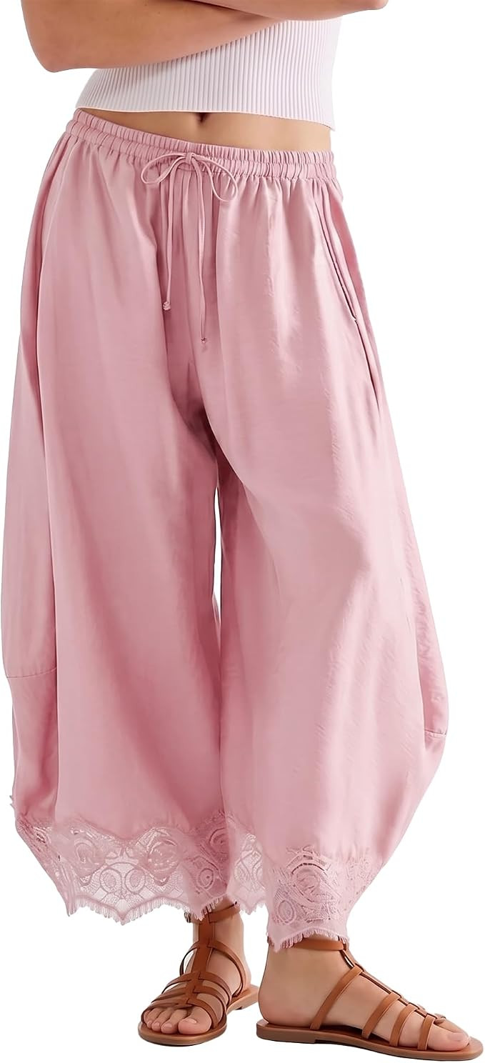 SeeLuNa Comfy Women's Pants Cropped Lace Hem Pants Summer Boho Drawstring High Rise Wide Leg Loun... | Amazon (US)
