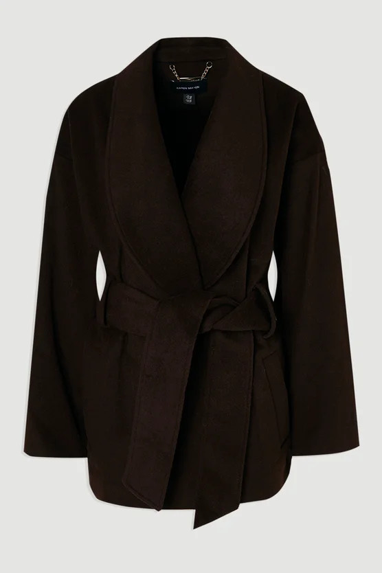 Brushed Wool Belted Wrap Tailored Short Coat | Karen Millen US