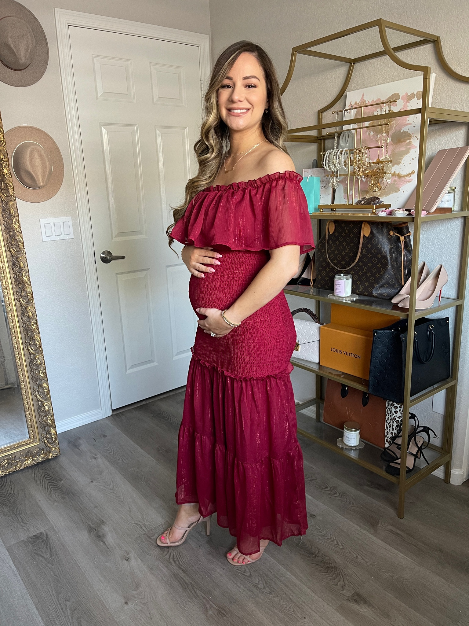 Red dress (wearing small), DSW Nude Heels (tts/beige), off shoulder dress, mermaid dress, ruffle dress, spring outfit, spring dress, summer outfit, summer dress, maxi dress, stretchy dress, casual dress, cute dress, dress outfit, bump friendly, maternity dress, Amazon fashion #dress 

#LTKFind #LTKbump #LTKunder100