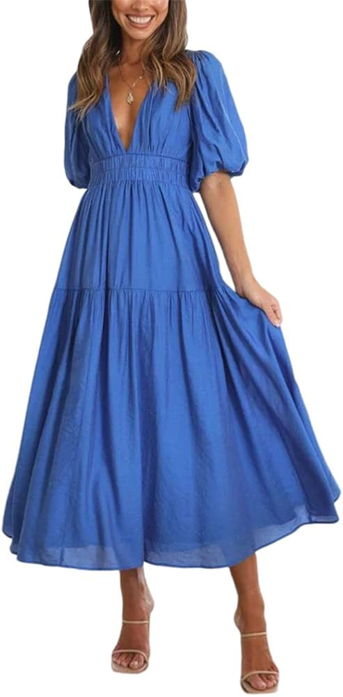 HOULENGS Women's Deep V Neck Puff Short Sleeve Tiered Dress Elastic High Waist Flowy A Line Midi ... | Amazon (US)