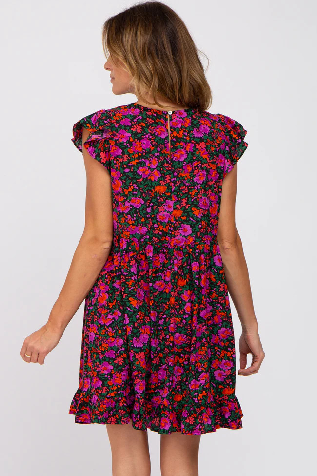 Black Multi-Color Floral Ruffle Accent Dress | PinkBlush Maternity