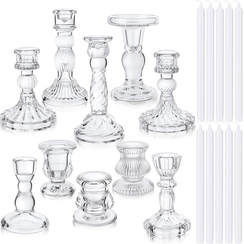 Mumufy 10 Sets Glass Crystal Taper Candle Holders Stand Centerpiece Bulk with 10 in Taper Candles Sticks Clear Decorations Table Wedding Dining Party (Transparent) | Amazon (US)