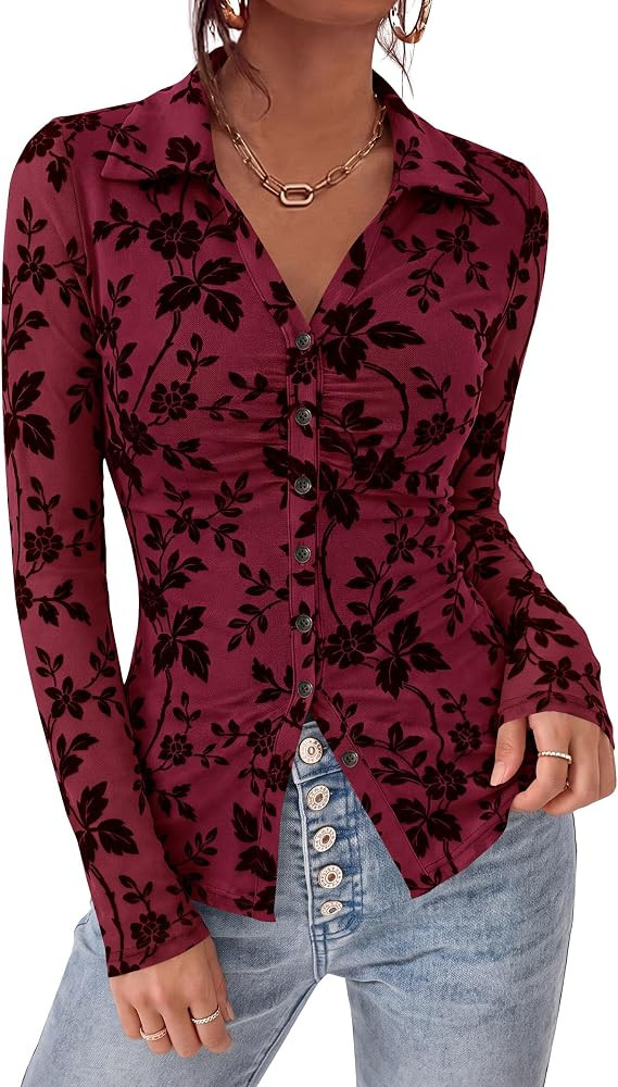 PRETTYGARDEN Women's Long Sleeve Floral Mesh Boho Tops Button Down Shirts | Amazon (US)