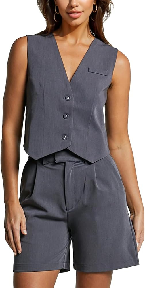 Sleeveless Blazers for Women Waistcoat Button up Cropped Vest V Neck Asymmetrical Hem Suit Jacket... | Amazon (US)