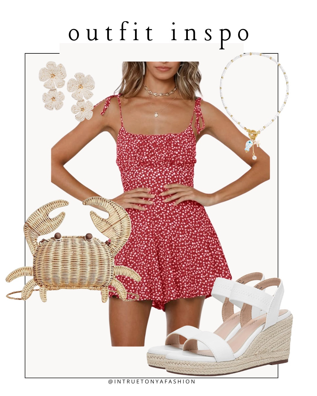 Summer vacation outfit from Amazon — red floral romper dress, wedge espadrille heels, crab purse, earrings, and seashell necklace 






vacation outfits, tropical outfits, beach outfits, beach clothes, resort wear 2026, summer outfits, beach vacation outfit, summer dress, summer date night, summer purse, summer dresses 

#LTKootd #LTKTravel #LTKSaleAlert