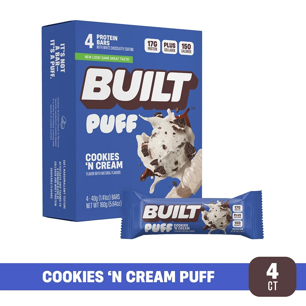 Built Bar, Snack Bar, Cookies 'N Cream Puff, 15g Protein, Collagen, 4 Count Box, 1.55 oz Bars | Walmart (US)