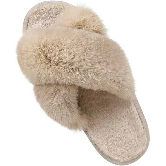 Litfun Women's Fuzzy Slippers Plush Cross Band Open Toe House Thick Sole Slippers, Camel, Size 10... | Walmart (US)
