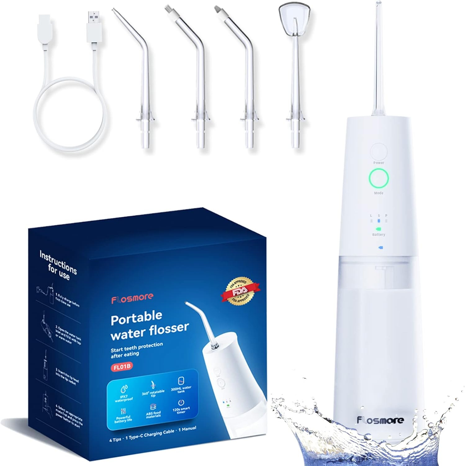 Flosmore Cordless Water Dental Flosser for Teeth,Rechargeable 300ML Oral Irrigator with 3 Modes 4... | Amazon (US)