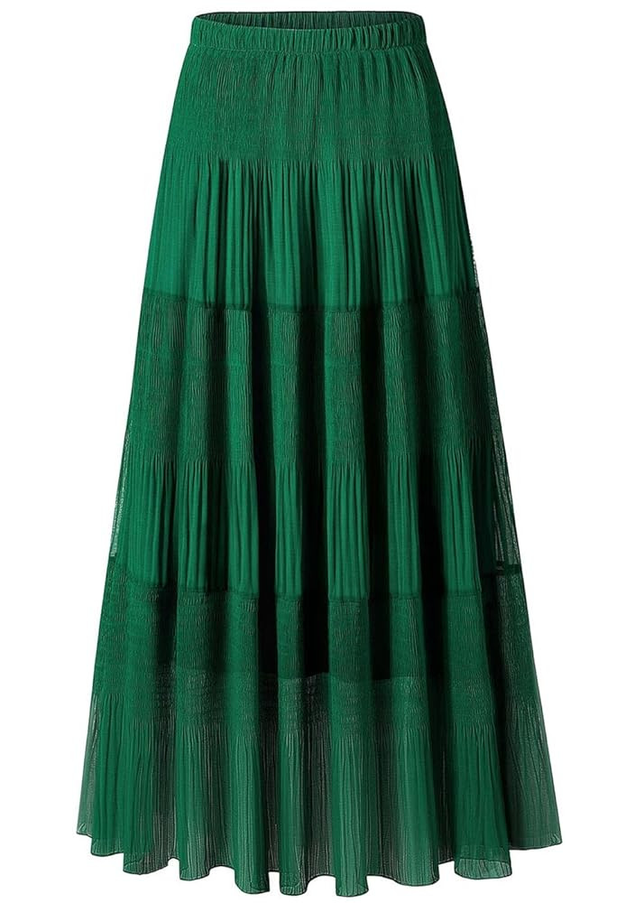 Maxi Skirts for Women Pleated Long Flowy Chiffon Elastic Waist Tiered A Line Skirt | Amazon (US)