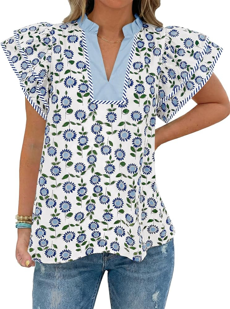 Tankaneo Womens Ruffle Sleeve Floral Blouses Summer Dressy Casual V Neck Tops Loose Fit Pleated F... | Amazon (US)