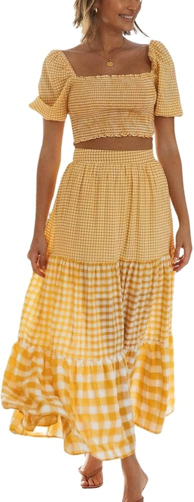 chouyatou Women's Summer 2 Piece Outfits Vacation Plaid Smocked Puff Sleeve Crop Top High Waisted... | Amazon (US)