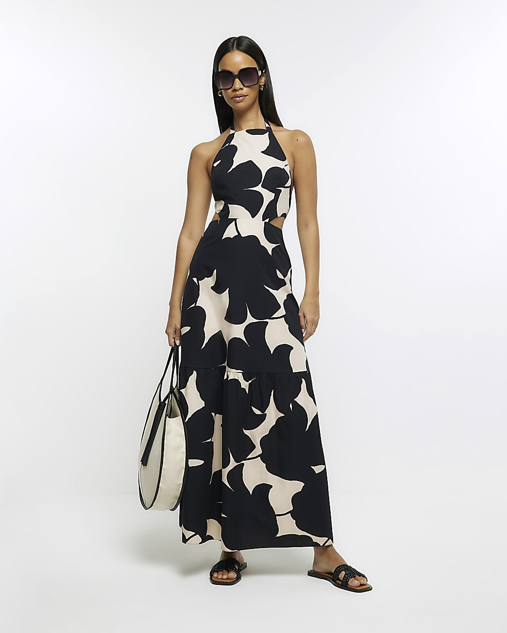 Black floral halter neck swing maxi dress | River Island (US)
