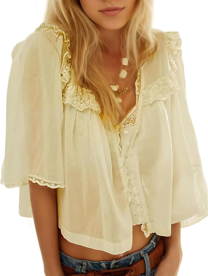 Womens Summer Oversized Crop Boho Lace Half Sleeve Beach Tops Button Down V-Neck Ruffle Trim Blou... | Amazon (US)