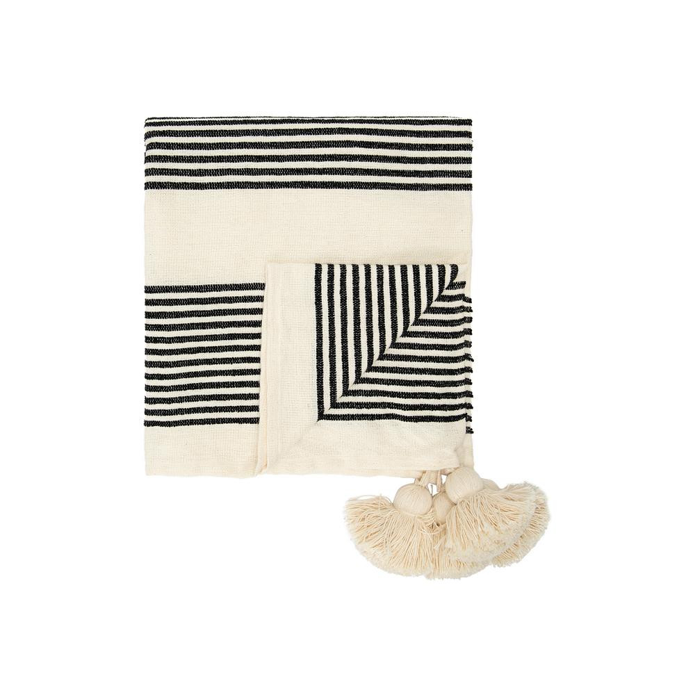 Cream Cotton and Chenille Woven Throw with Black Stripes and Tassels | The Home Depot