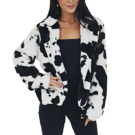 Women s Cow Print Fleece Jacket Winter Coats Soft Warm Cardigan Long Sleeve Plush Hoodless Casual Co | Walmart (US)