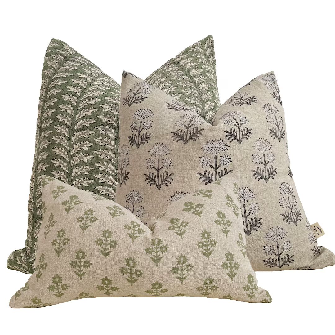 Block print linen pillow combos, green/ gray/white floral natural linen pillow cover, 22x22”20x... | Etsy (US)