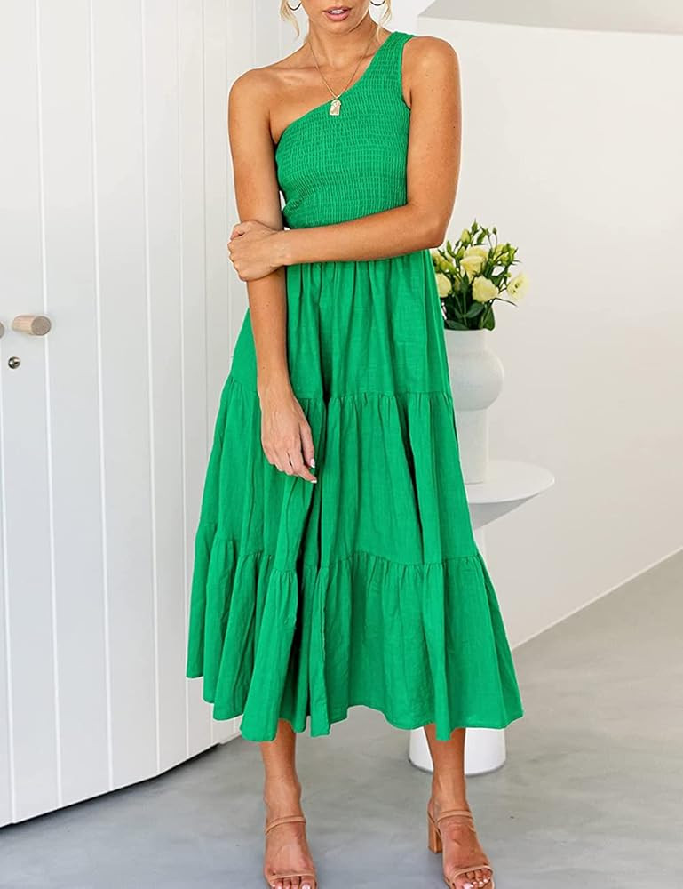 SEBOWEL Women Summer Long Maxi Dress One Shoulder Sleeveless Party Cocktail Dress Smocked Tiered Ruf | Amazon (US)