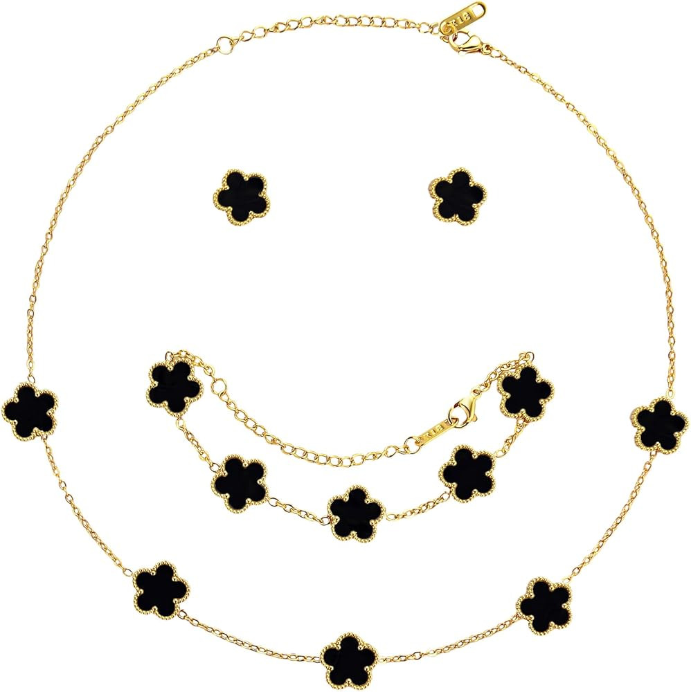 AmorArtSky Lucky Clover Jewelry Set - 18K Gold Plated Flower Design Five Leaf Bracelet, Necklace ... | Amazon (US)