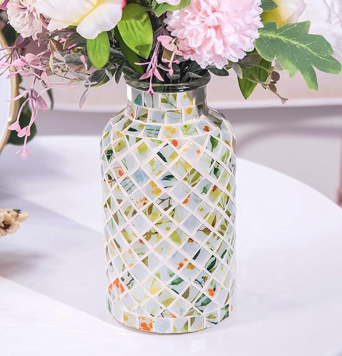 Classic Mosaic Flower Vase for Home Decor, 8”(H) Glass Handmade Table Centerpiece Container for... | Amazon (US)