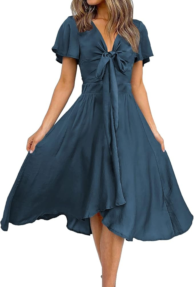 BTFBM Women's Satin Deep V Neck Summer Dresses Short Sleeve Tie Front High Waist Flowy Ruffle A-L... | Amazon (US)