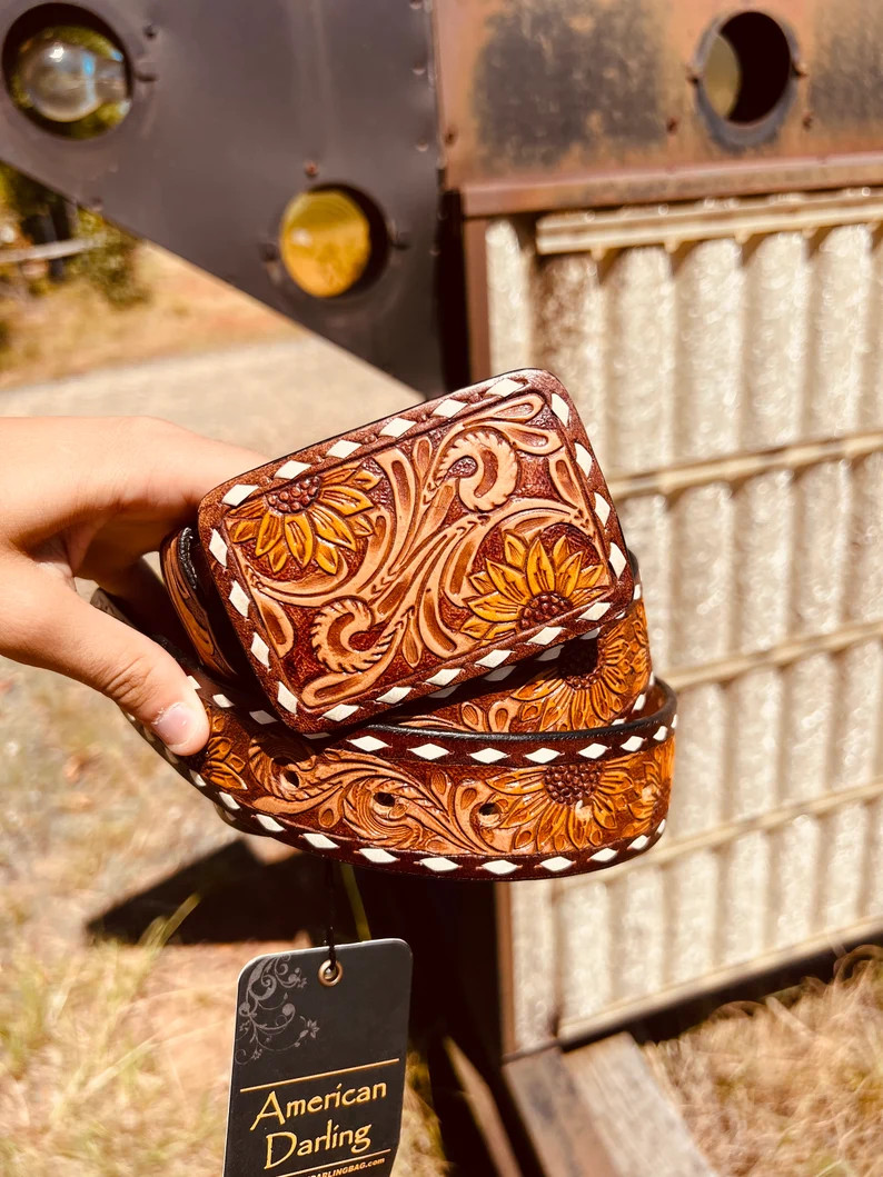 Sunflower Tooled Leather Belt - Etsy | Etsy (US)