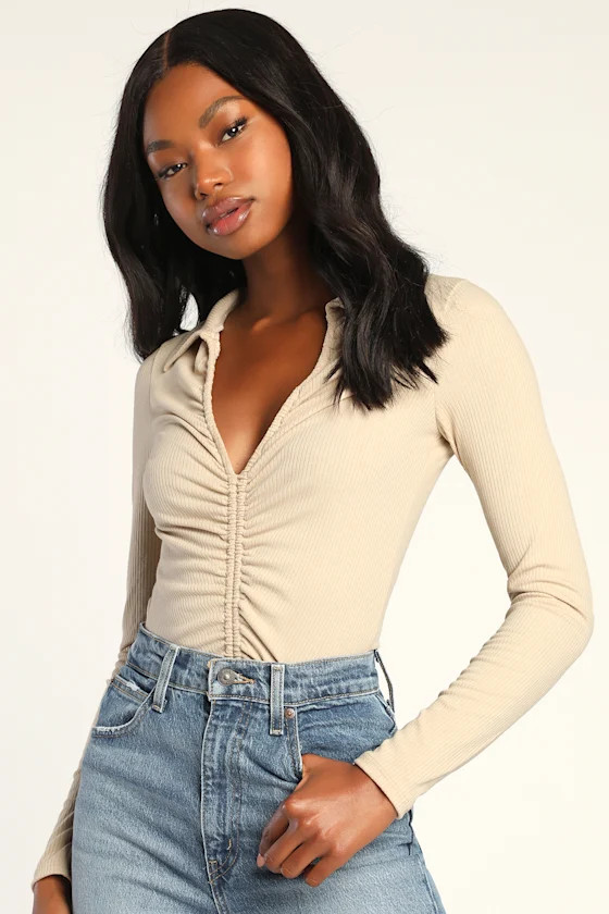 Keep Me In Mind Beige Ribbed Long Sleeve Ruched Bodysuit | Lulus (US)