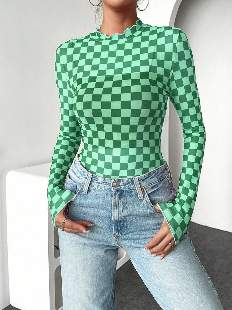 INAWLY Women's Casual Houndstooth Long Sleeve Bodycon Top | SHEIN
