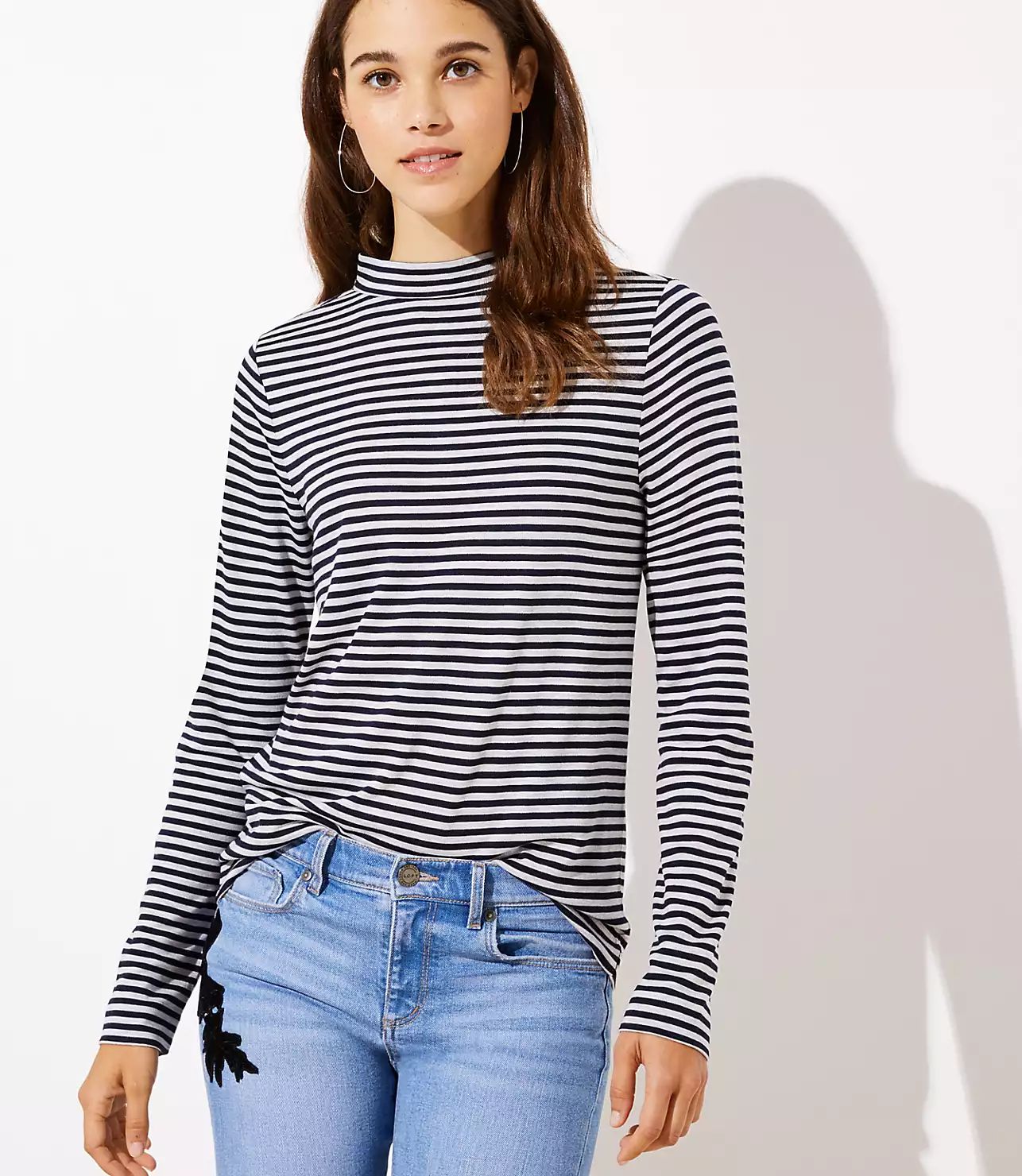 Striped Button Back Mock Neck Top | LOFT | LOFT