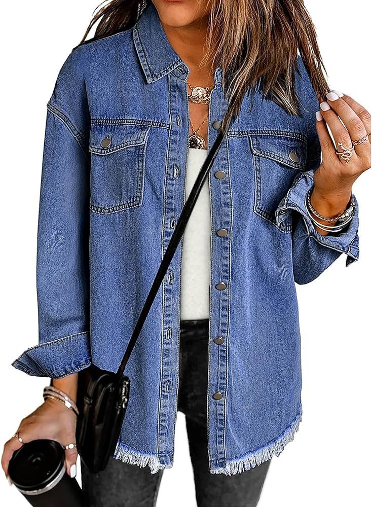 luvamia Denim Jacket for Women Oversized Button Down Casual Jean Shacket Jackets Long Sleeve Fray... | Amazon (US)