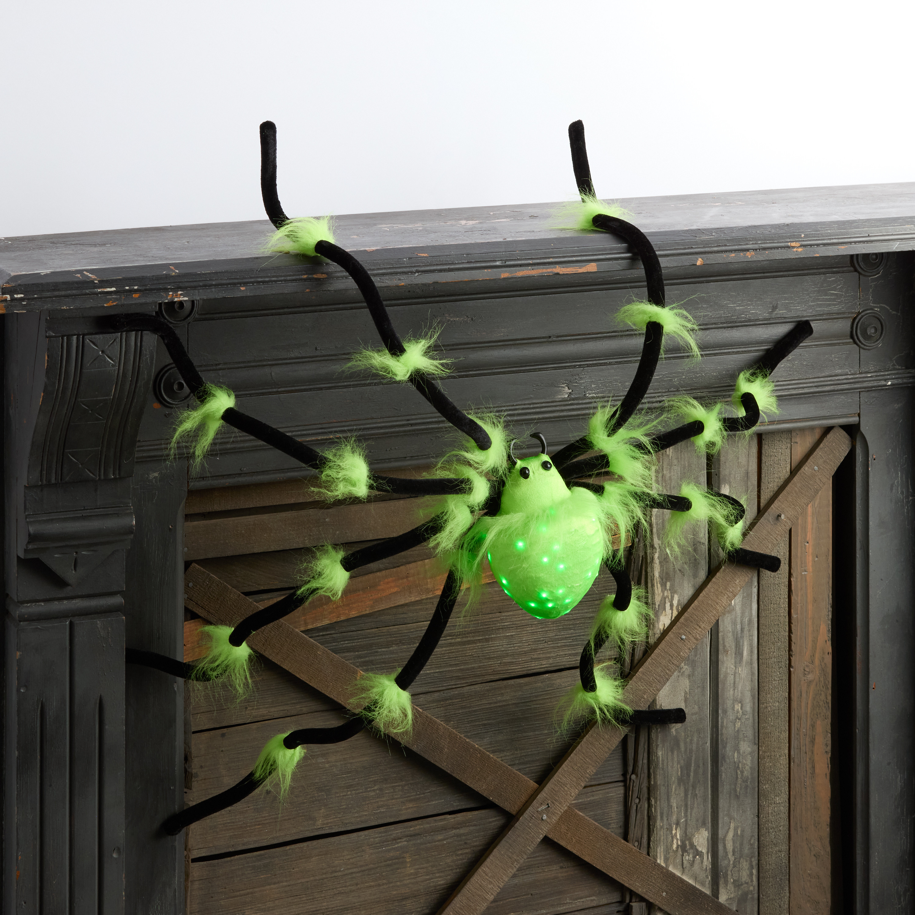 Neon Green and Black Fuzzy Spider LED Light Up Decor | World Market