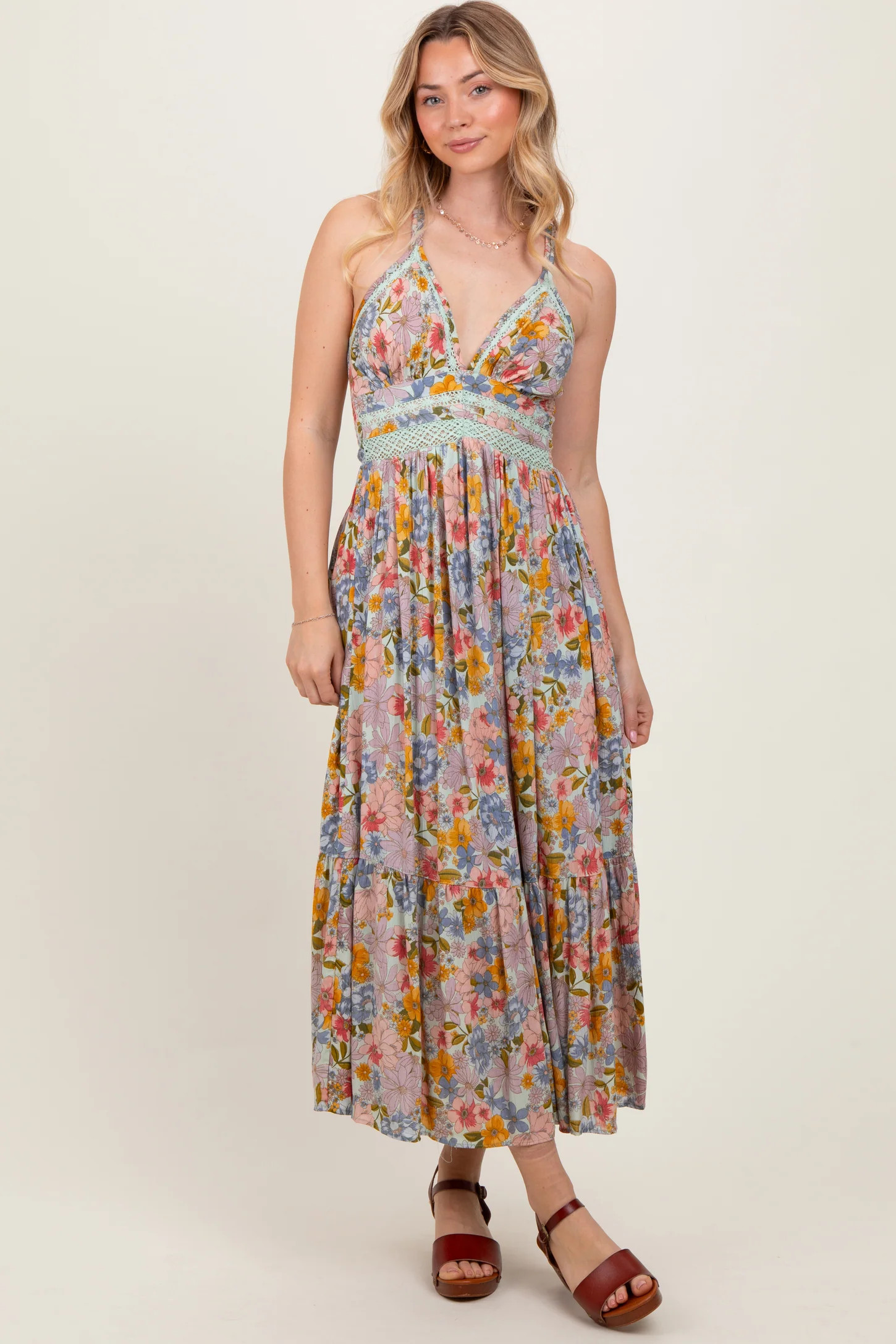 Muticolor Floral Double Strap Lace Trim Midi Dress | PinkBlush Maternity