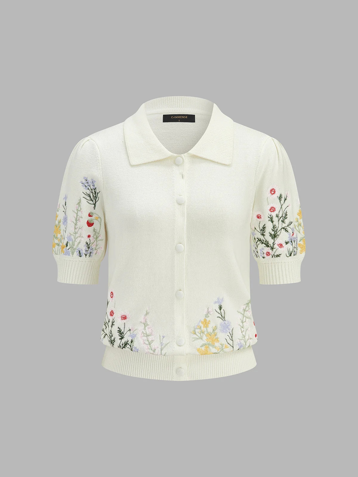 Floral Embroidery Collared Knit Cardigan | Commense