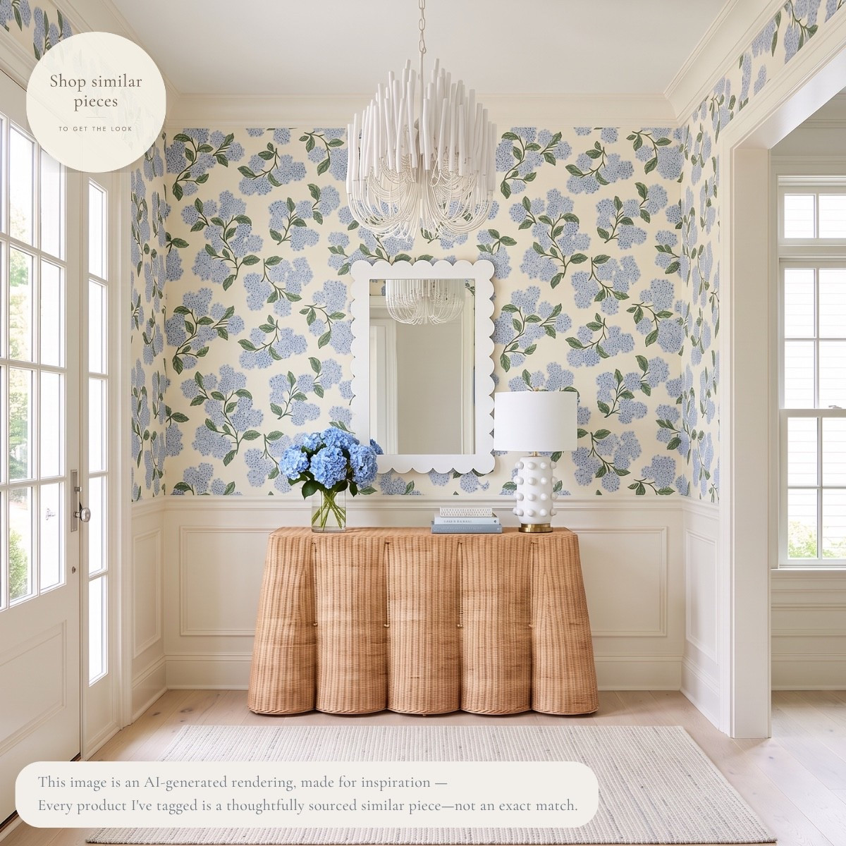 One of my favorite ways to make an entryway feel finished is with layers instead of clutter. A woven skirted console, blue hydrangeas, a classic lamp, and statement wallpaper create a space that feels welcoming before you've even stepped into the rest of the house. I've rounded up similar pieces to help you get this timeless coastal look in your own home. 🤍🏡

AI-generated design concept for inspiration • Products are similar, not exact • Affiliate links may be used. As an Amazon Associate, I earn from qualifying purchases.


#coastalhome #entrywaydecor #traditionalhome #classicinteriors #blueandwhite #homedecor #entrywayideas #timelessdesign #madeonmillhavenlane

#LTKHome #LTKHome