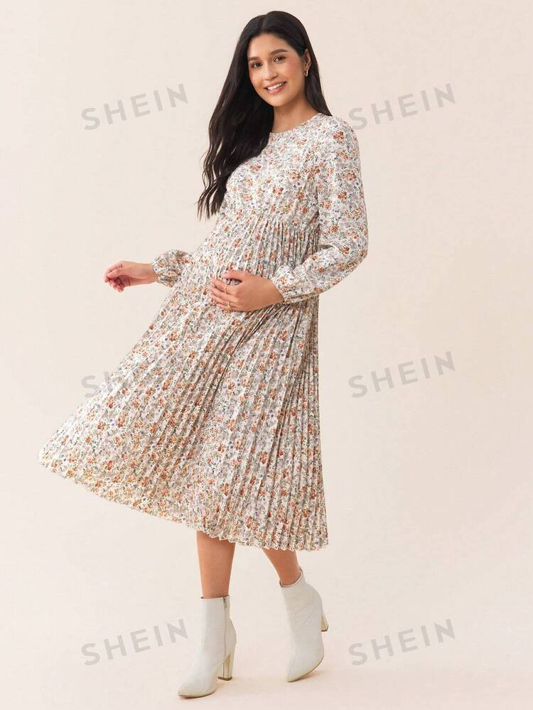 SHEIN Apricot Base Orange Flower Print Elegant Romantic Loose Fit Maternity Long Sleeve Dress | SHEIN