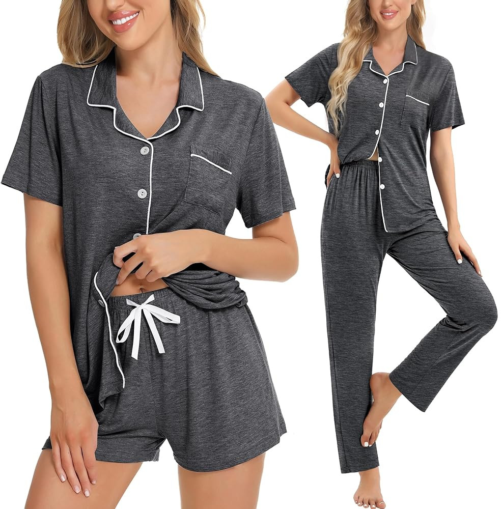 SWOMOG Womens 3pcs Button Down Pajamas Set Short Sleeve Sleepwear Bride Pj Lounge Set with Long P... | Amazon (US)