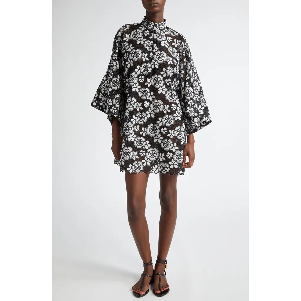 La Vie Style House Floral Lace Cover-Up Minidress in Black/White at Nordstrom | Nordstrom