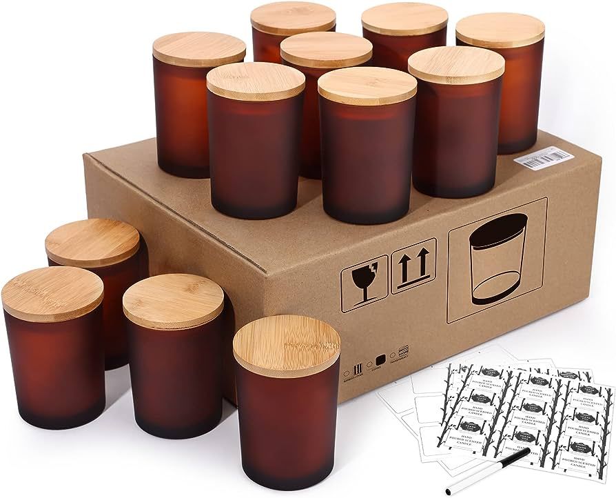 Aminigram 12 Pack, 10 oz Frosted Amber Candle Jars with Bamboo Lids and Sticky Labels, Empty Glas... | Amazon (US)