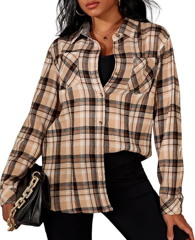 Deer Lady Plaid Flannel Shirts for Women Buffalo Plaid Shirts Oversized Long Sleeve Casual Button... | Amazon (US)