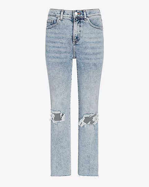 High Waisted Light Wash Ripped Straight Ankle Jeans | Express