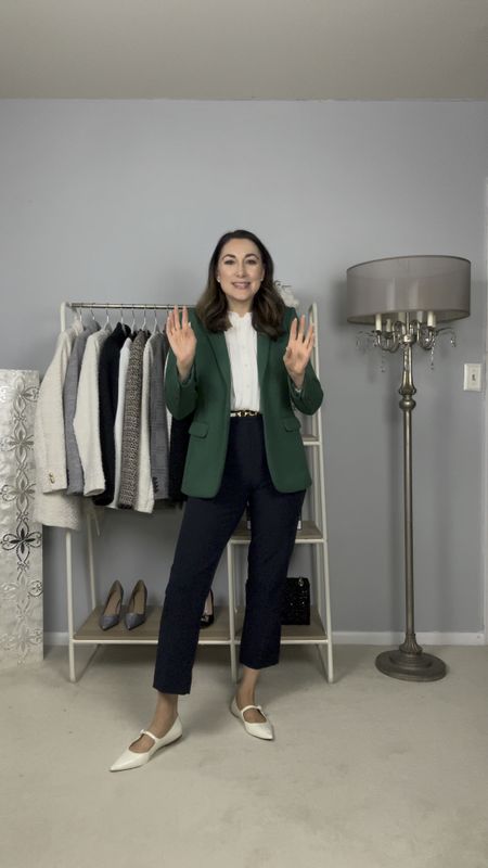 Spring work outfit of the day 💙🤍💚

Green blazer size 4, sized up for relaxed fit 
White ruffle front blouse size xs, size down if between sizes 
Navy high waisted ankle pants size 4, TTS
White pointed toe Mary Jane flats size 7, TTS

Work wear 
Office outfit 

#LTKStyleTip #LTKShoeCrush #LTKWorkwear