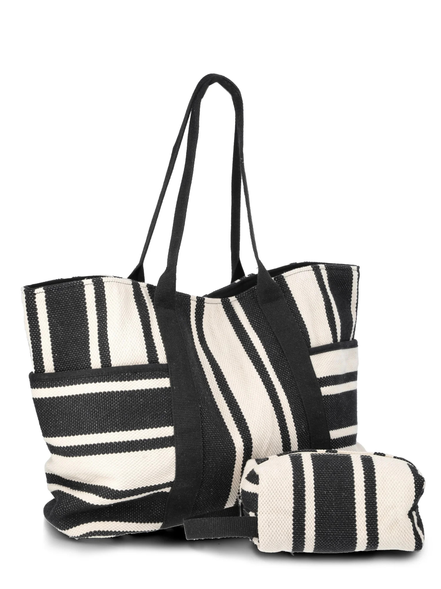 Time and Tru Women's Pocket Tote Handbag and Matching Pouch, Black and White Stripes | Walmart (US)