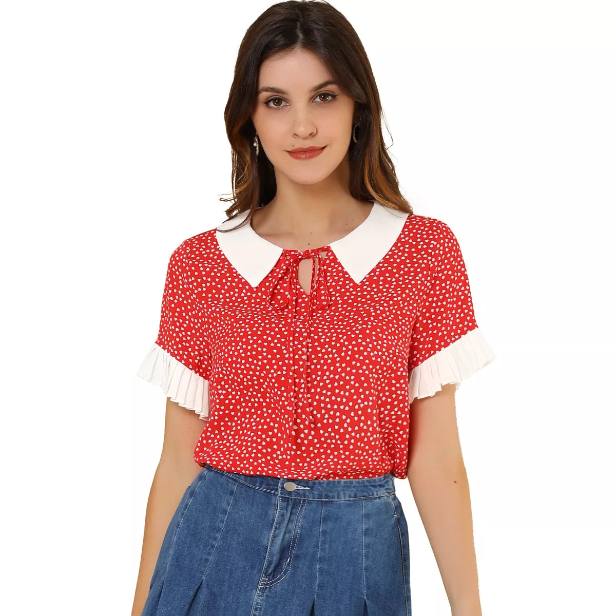 Allegra K Women's Contrast Doll Collar Polka Dots Short Sleeves Blouse | Target